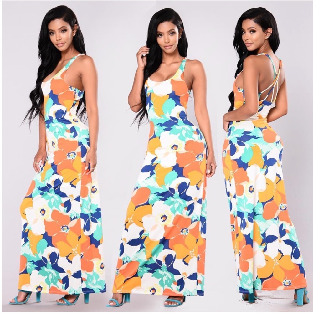 NWT Boutique Sleeveless Floral Maxi Stretch Spandex Criss Cross Open Back Dress
